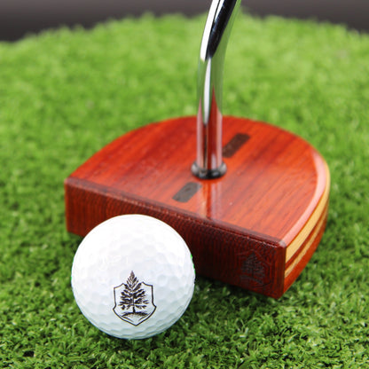 TimberTouch mallet wood putter with Padauk, Zebrawood and Cedar center shaft zero torque – face view with golf ball