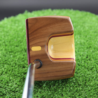 TimberTouch Woodrich wood putter with Yellowheart, Walnut and Canarywood alignment inlay – back view