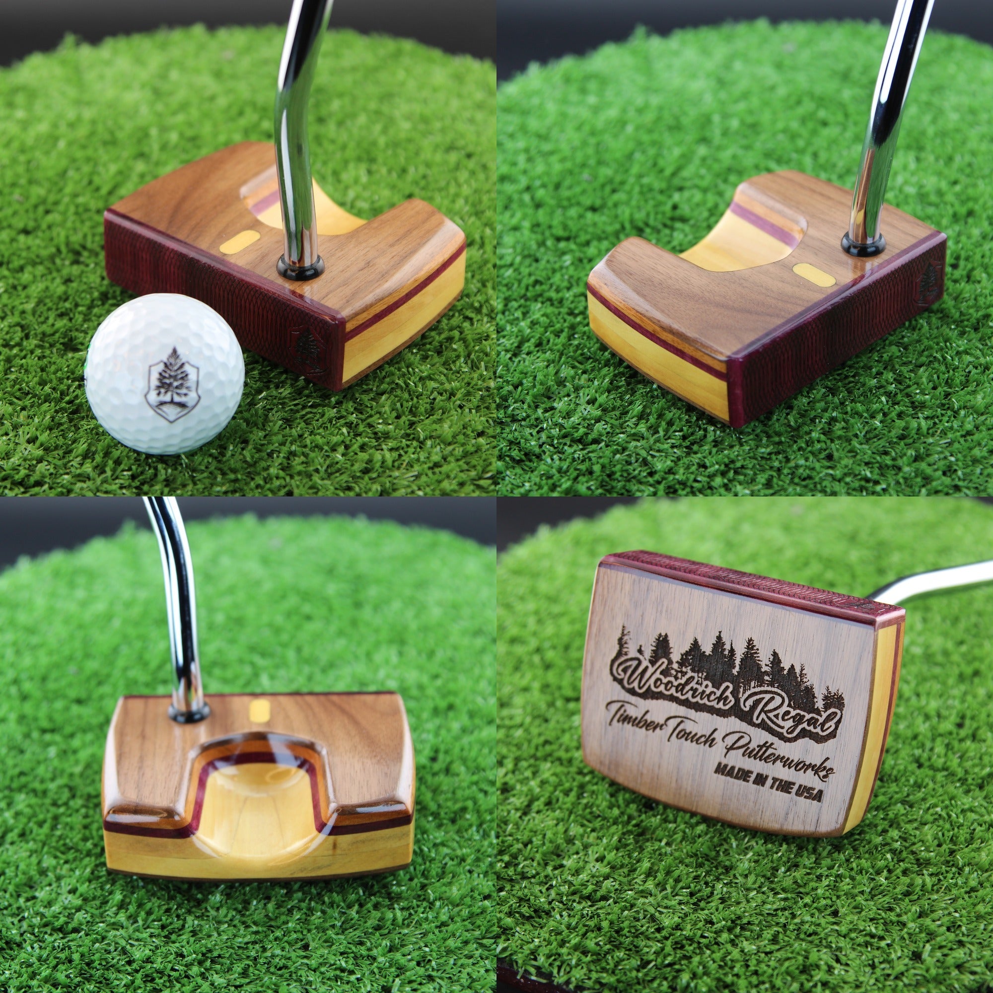 TimberTouch Woodrich wood putter with Yellowheart, Walnut and Canarywood alignment inlay – product collage
