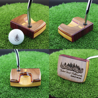 TimberTouch Woodrich wood putter with Yellowheart, Walnut and Canarywood alignment inlay – product collage