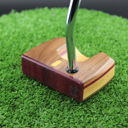 TimberTouch Woodrich wood putter with Yellowheart, Walnut and Canarywood alignment inlay – face and heel angle view