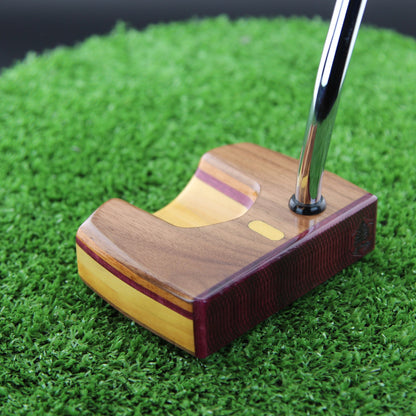 TimberTouch Woodrich wood putter with Yellowheart, Walnut and Canarywood alignment inlay – heel view
