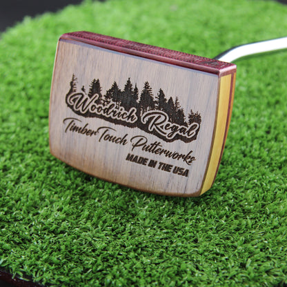 TimberTouch Woodrich wood putter with Yellowheart, Walnut and Canarywood alignment inlay – sole with brand engraving