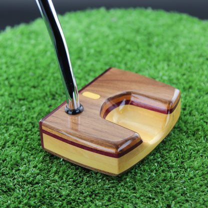 TimberTouch Woodrich wood putter with Yellowheart, Walnut and Canarywood alignment inlay – sole and toe angle view