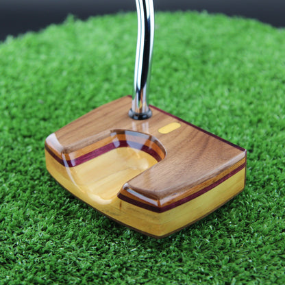 TimberTouch Woodrich wood putter with Yellowheart, Walnut and Canarywood alignment inlay – toe and heel angle view