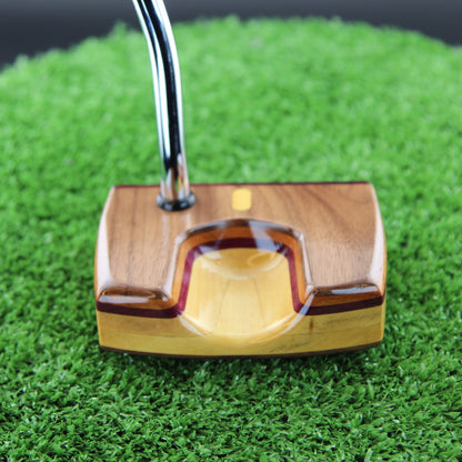 TimberTouch Woodrich wood putter with Yellowheart, Walnut and Canarywood alignment inlay – toe view