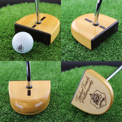 TimberTouch FATTY mallet wood putter with Yellowheart center shaft zero torque – product collage