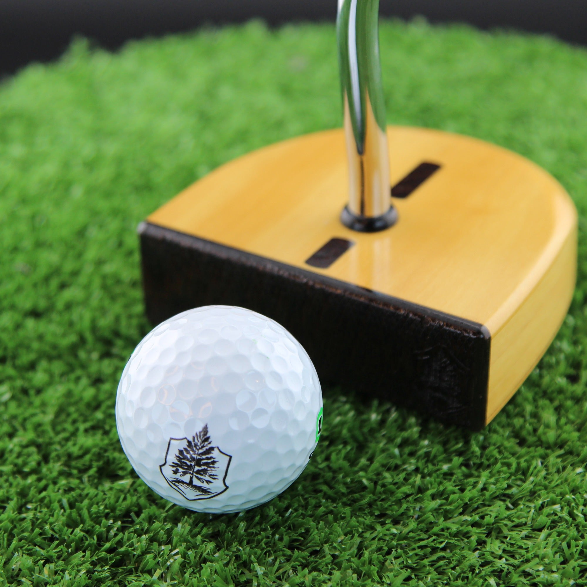 TimberTouch FATTY mallet wood putter with Yellowheart center shaft zero torque – face view with golf ball
