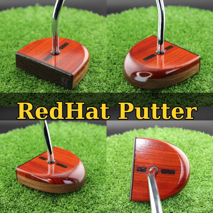TimberTouch RedHat mallet wood putter with Purpleheart and Padauk center shaft zero torque – product collage with name