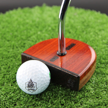 TimberTouch RedHat mallet wood putter with Purpleheart and Padauk center shaft zero torque – face view with golf ball