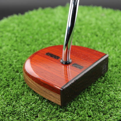 TimberTouch RedHat mallet wood putter with Purpleheart and Padauk center shaft zero torque – heel view