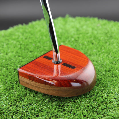 TimberTouch RedHat mallet wood putter with Purpleheart and Padauk center shaft zero torque – sole and toe angle view