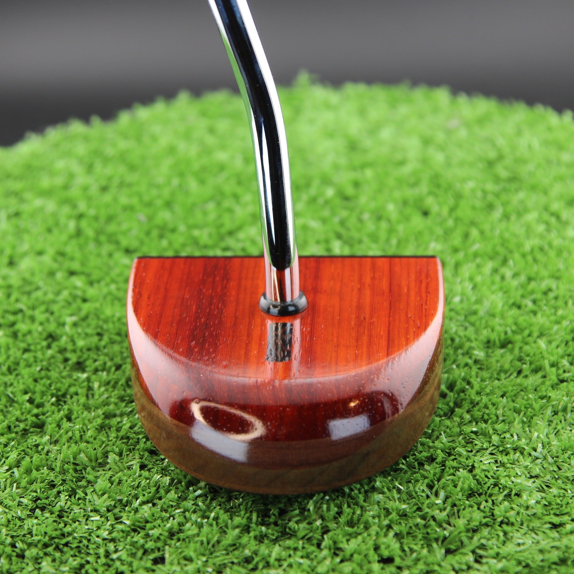 TimberTouch RedHat mallet wood putter with Purpleheart and Padauk center shaft zero torque – toe view