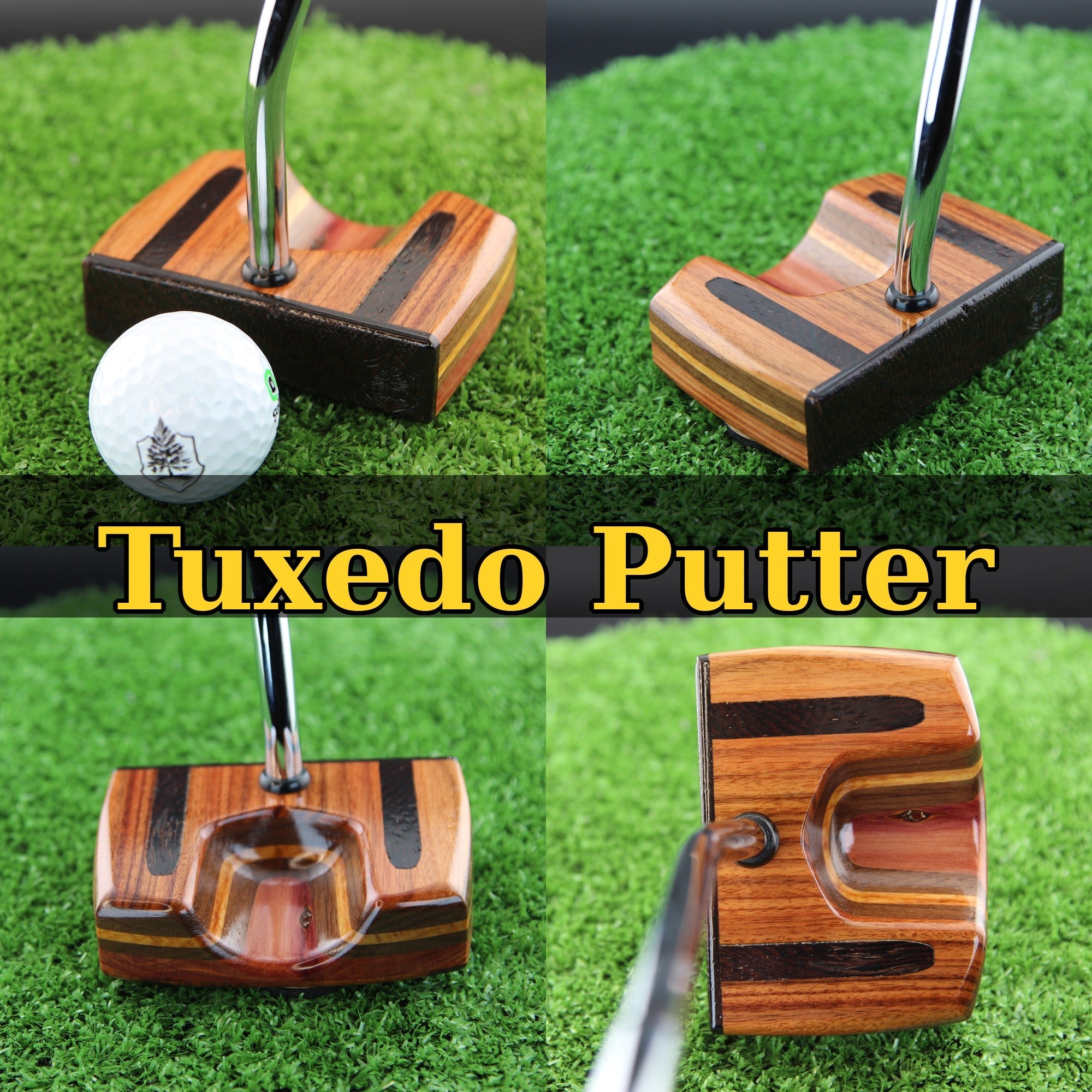 TimberTouch Tuxedo blade wood putter with Tigerwood, Rosewood and Walnut center shaft zero torque – product collage with name