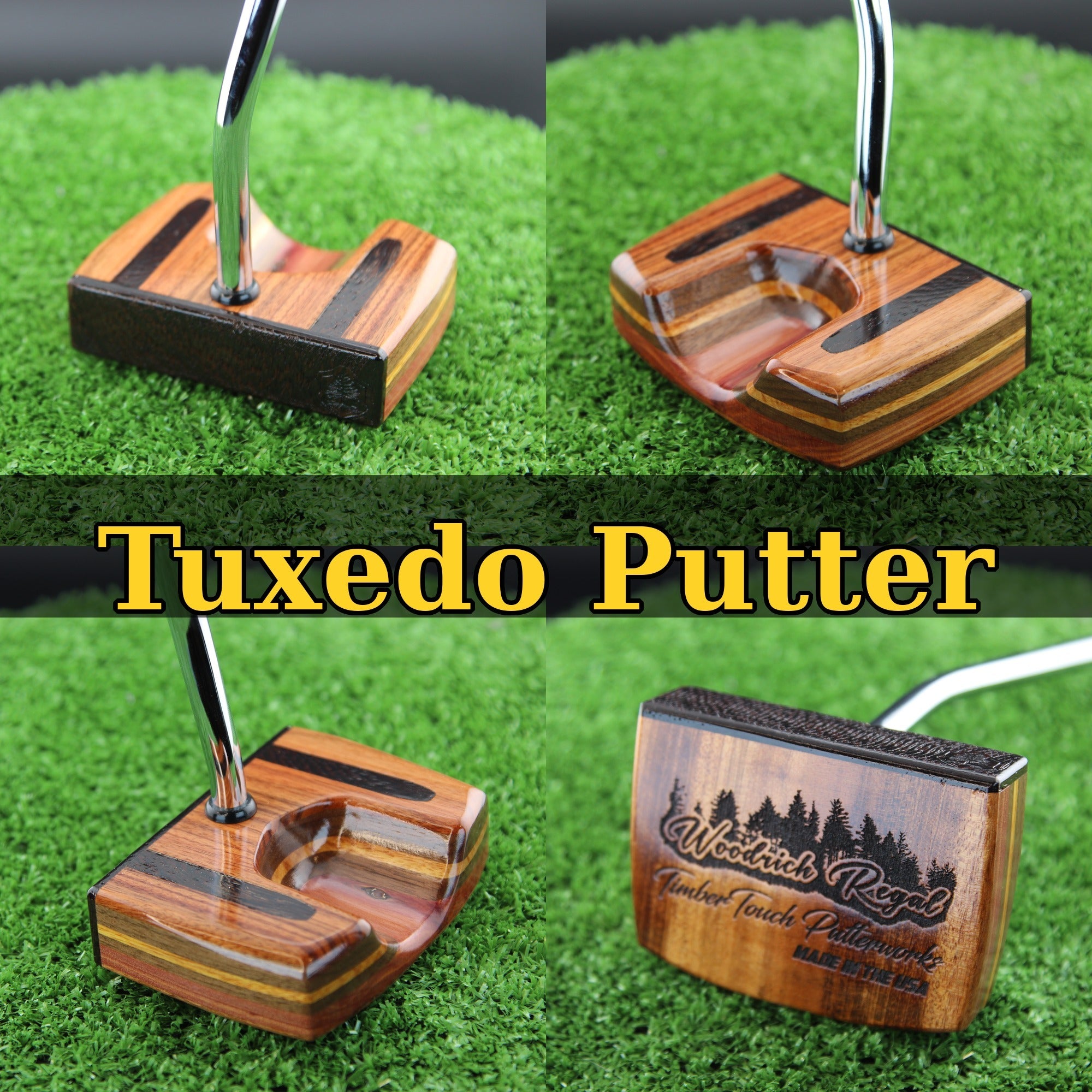 TimberTouch Tuxedo blade wood putter with Tigerwood, Rosewood and Walnut center shaft zero torque – product collage with name