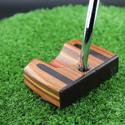 TimberTouch Tuxedo blade wood putter with Tigerwood, Rosewood and Walnut center shaft zero torque – heel view