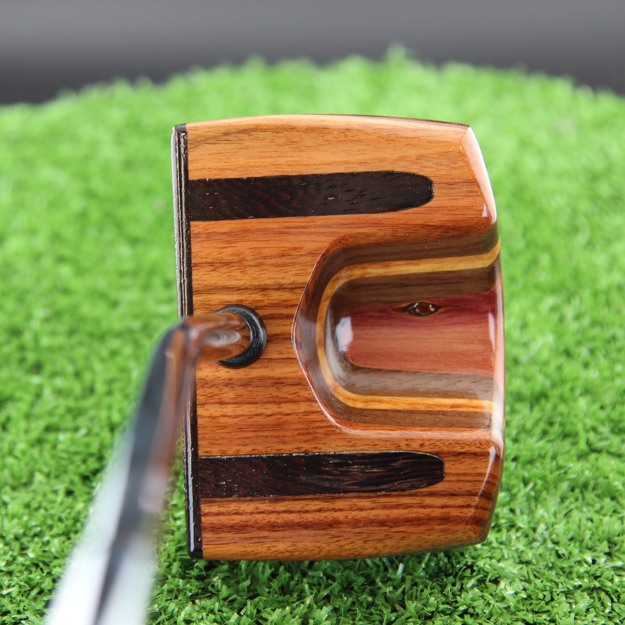 TimberTouch Tuxedo blade wood putter with Tigerwood, Rosewood and Walnut center shaft zero torque – sole with brand engraving