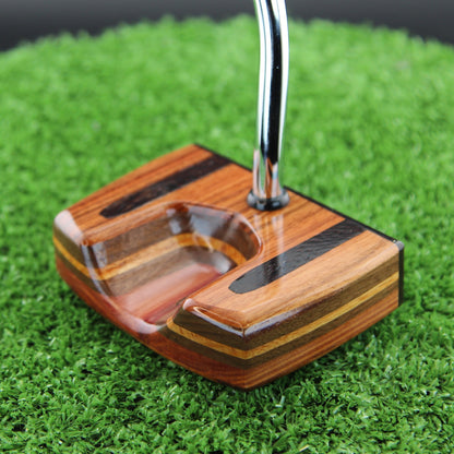 TimberTouch Tuxedo blade wood putter with Tigerwood, Rosewood and Walnut center shaft zero torque – toe and heel angle view