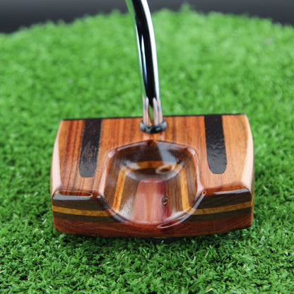 TimberTouch Tuxedo blade wood putter with Tigerwood, Rosewood and Walnut center shaft zero torque – toe view